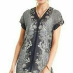 CAbi ✨ Navy Blue Striped Floral Semi Sheer Yacht Sz Medium Navy Tunic Top✨ Photo 0