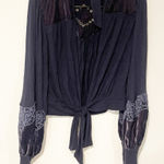 Free People Size XS Black Velvet Balloon Sleeve Open Back Tie Waist Top Photo 0