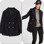 ZARA  double breasted wool blend coat navy blue sz L Photo 3