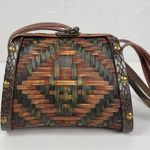 Vintage Basket Purse Two Tone Brown Rattan Bamboo Leather Trim Woven Hinged Photo 0