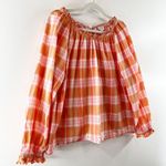 J.Crew  Long Sleeve Ruffle Tie Back Plaid Cotton Blouse Top Orange Pink Large Photo 5