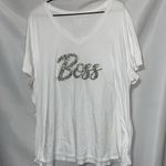 Lane Bryant SIZE 26/28 WHITE SHORT SLEEVE VNECK TSHIRT W/3D SILVER Glitter BOSS Photo 4