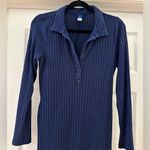 Old Navy Fitted Rib Knit Tie-Belt Long Sleeve Mini Polo Dress Navy Blue sz Med Photo 4