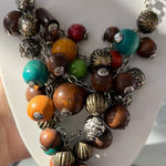 Vintage Silver Tone Statement Necklace Wood Bib Tribal Boho Estate Adj 21" Brown Photo 0