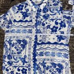 Joie  Women’s L Blue White Linen Batik Printed Button Up Roll Sleeve Shirt Dress Photo 6