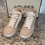 J/Slides Leslie Sheep Hair Trimmed Leather Sneaker Shoes Size 6 Tan White Photo 1