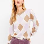 Loft  Pullover Sweater Womens XL Tan Purple Argyle Cotton Puff Sleeve Preppy Photo 0