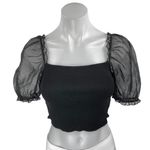 Aritzia Wilfred Black Mesh Puff Short Sleeve Ribbed Knit Blouse Crop Top Size XS Photo 0