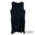 Loft  Womens 14 Navy Blue Gold Button Front Zip Back Sleeveless Ruffle Hem Dress Photo 2
