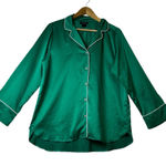 Natori  Green Satin Pajama Top with White Piping Photo 0