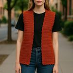 American Vintage Vintage Women’s Grandmacore Hand Knit Open Cardigan Vest Orange Cozy Fall L Photo 0