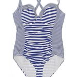 Torrid Blue White Retro Stripe Ruched Pinup Girl One Piece Swimsuit Plus Size 2X Photo 4