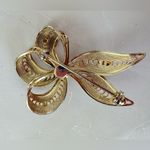 Vintage Gold Tone Fancy Ribbon Bow with Faux Pearls Pin Brooch Photo 4