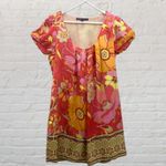 Hale Bob Silk Floral Boho Shift Dress S – Coral Pink Yellow Resort Photo 2