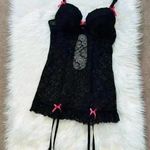Dreamgirl Lingerie Y2K Black Floral Lace Babydoll Dress Medium Garters Neon Pink Photo 0
