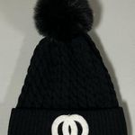 Black White Knit Knitted Faux Fur Pom Photo 0