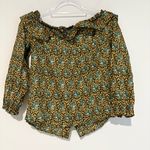 J.Crew Ratti Elephant Print Off-the-Shoulder Ruffle Top Gold Green Size 4 Photo 2