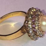 Size 8 18K HGE Gold Plated Faux Pearl CZ Rhinestone Vintage Statement Ring Photo 3