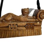 Timmy Woods Carved Lounging Luxury Cat Kitty Minaudiere Purse Shoulder Bag Lined Brown Photo 3