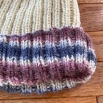 hand knit cream purple and blue ombré striped ribbed beanie Photo 3