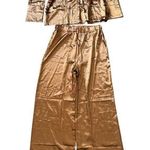 Micas  Satin Button Up Long Sleeve Shirt And Pants Set Casual Elegant Coffee L Photo 0