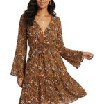 Peach Love California Peach Love Floral Bell Sleeve Fit & Flare Mini Dress Womens S Brown Cottagecore Photo 0