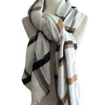 West Loop Womens Scarf Plaid 79"x30" Acrylic Neutral White Brown Black Fringe Photo 0