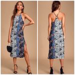 Lulus  Lullaby Womens Multi Print Floral Midi Dress Side Slit in Blue Size Medium Photo 1