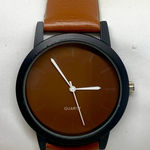 Women quartz watch black tone case 35mm brown dial leather band running Photo 0