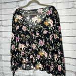 American Eagle  Black Floral Tie-Front Blouse M Silky Viscose Resort Casual Top Photo 7