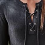 Honey Punch Laced Tie Black Knit Sweater Top Photo 4