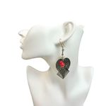 Silver heart and rectangle dangle with red bead earrings Photo 0