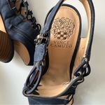 Vince Camuto  Navy Leather 9M Laced 3" Block Heel Open Toe Shoes Photo 5