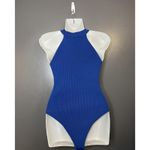 Happily Grey Bodysuit Womens Large Blue Ribbed Sleeveless High Neck Stretch Photo 3