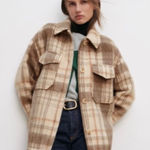 ZARA Plaid Shirt Jacket Women’s Size Large Cream Tan Gray Long Sleeve Collared Photo 0