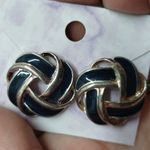 Vintage Black & Gold Colored Enamel Knotted Geometric Pierced Ear Earrings Photo 1