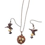 Vtg Copper Rosegold Hummingbird Jewelry Set Gold Accents egg nest pearl necklace Photo 0