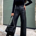 ZARA Blogger Fave Black Faux Leather High Rise Wide Leg Cropped Marine Pants 6 Photo 0