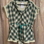 POL Green Boho Button Up Plaid Short Sleeve Romper Medium NWT Photo 0