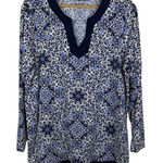 Lands' End  Floral Tunic Top Size XL Blue Soft Stretch Coastal Comfy Resort V-Neck Photo 0