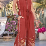 Johnny Was NWT Elia Linen Tie Jumpsuit Embroidered Size Medium in Adobe Photo 0