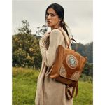 NWT Myra Bag Leather Cowhide Hairon Canvas Boho Backpack Bag Tan Photo 4