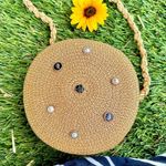Handmade Straw Round Shoulder Bag with Gold Chain and Pins Photo 2