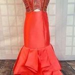 Rachel Allan Rhinestones Cross Halter Ruffle Mermaid Satin Gown pink or salmon c Size 2 Photo 0