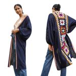 Anthropologie Square Crochet-Trimmed Sweater Duster Kimono Granny Long Blue OS Photo 1