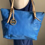 Michael Kors Cerulean Blue Leather Jet Set Full Size Shoulder Tote Bag Carryall Photo 8