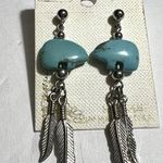Boutique Silver Tone Turquoise Bear Bead and Dangle Feather Earrings Hypoallergenic Post Photo 0