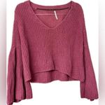 Free People  XS Rose Pink Damsel Bell Sleeve V-Neck Cotton Sweater Boho Chic Knit Photo 1