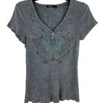 Apt. 9  Gray Ribbed Top with Turquoise and Rhinestone Butterfly Whimsigoth Photo 0