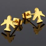 Gold Jet Airplane Plane Earrings Studs - Pilot, Flight Attendant, Stewardess Photo 0